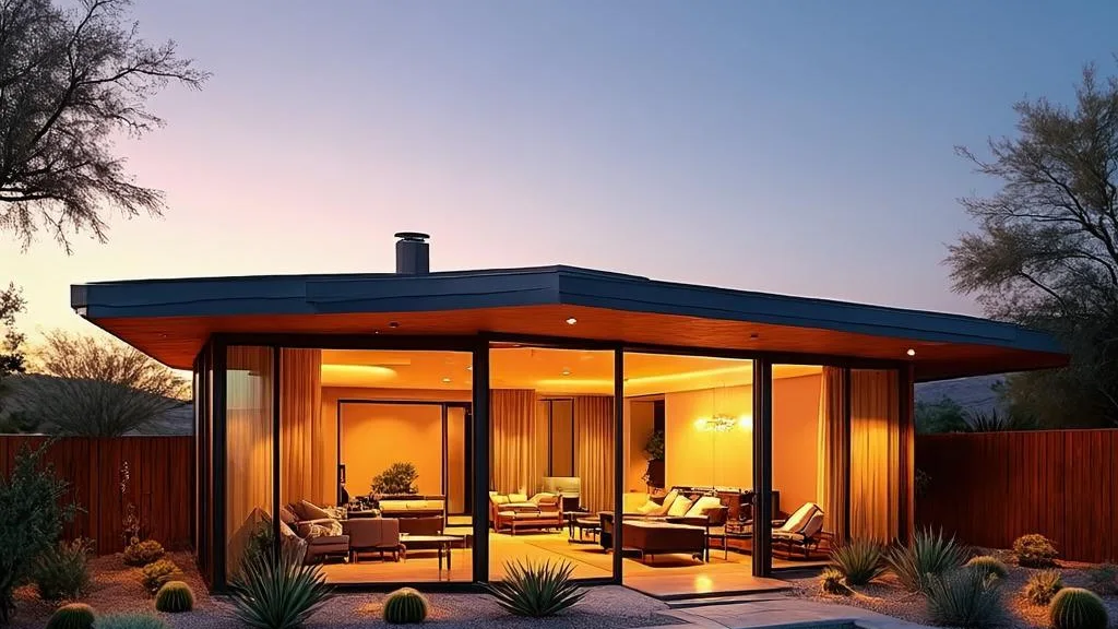 A mid-century modern house with glass walls glowing at dusk