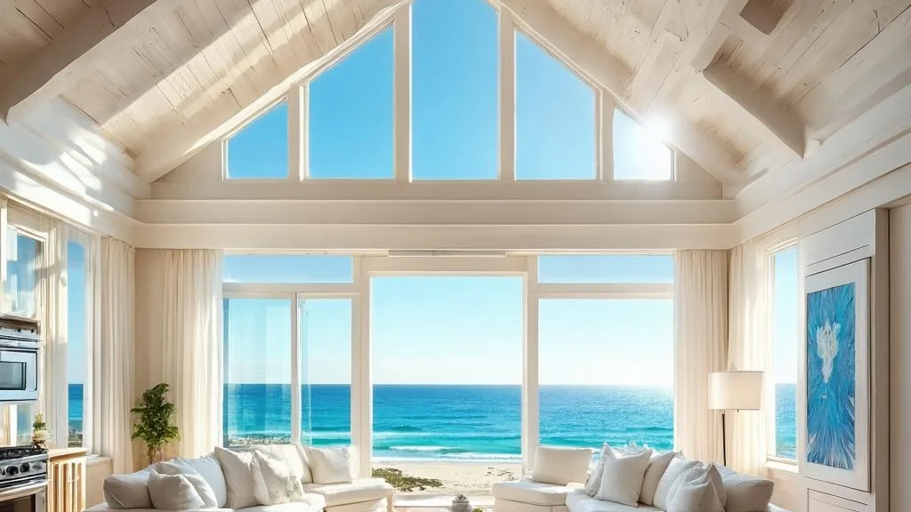 Bright airy coastal living room with floor-to-ceiling ocean view