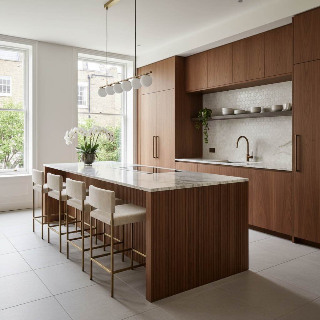 Modern two-bedroom apartment interior with walnut kitchen