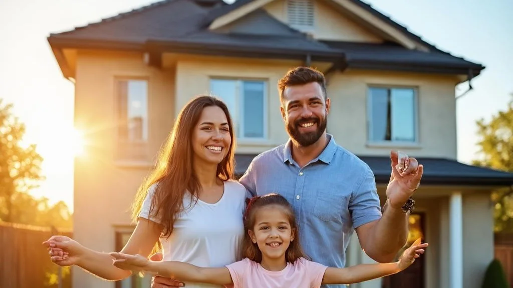 A happy young family holding the keys outside their brand new home
