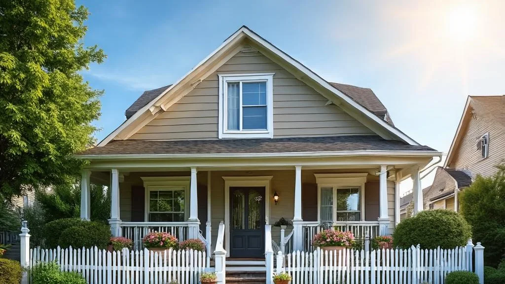 A charming suburban family home with a welcoming porch and bright garden