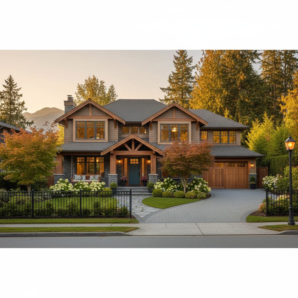 Character home with lush garden on a tree-lined Kitsilano street at golden hour