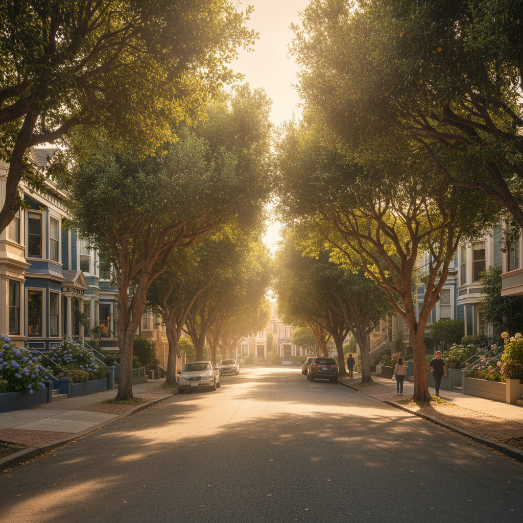 A tree-lined Noe Valley residential street at golden hour