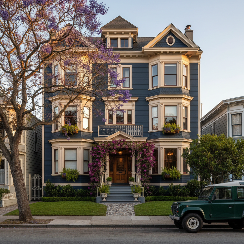 A restored navy-blue Victorian home on a Noe Valley street at golden hour