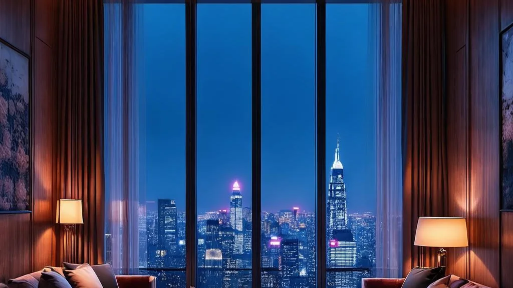 Luxury penthouse interior at night overlooking a glittering city skyline