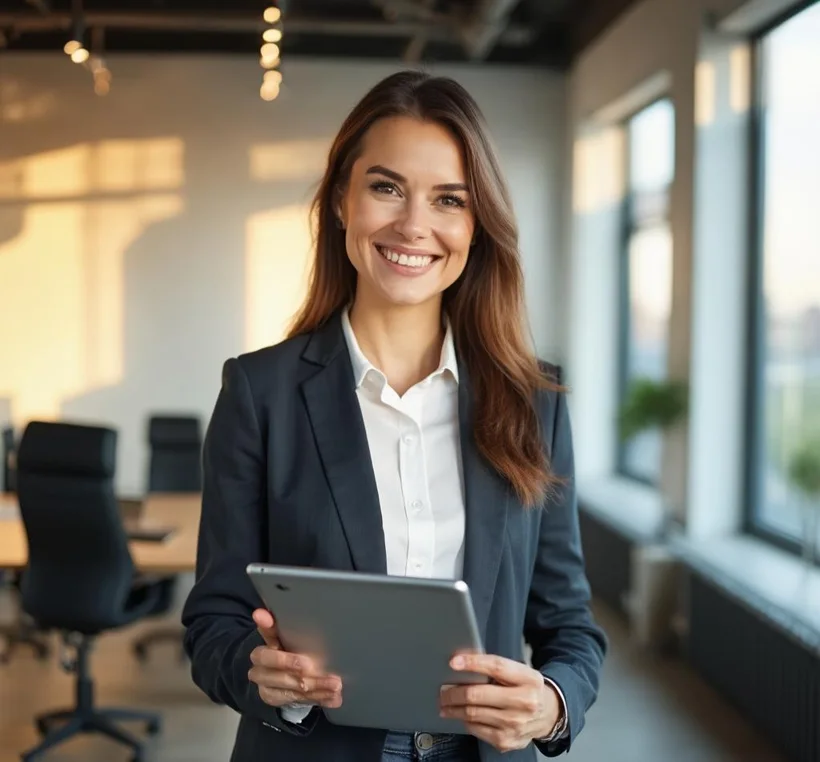 Skyline Group advisor reviewing market data on a tablet in a clean modern office
