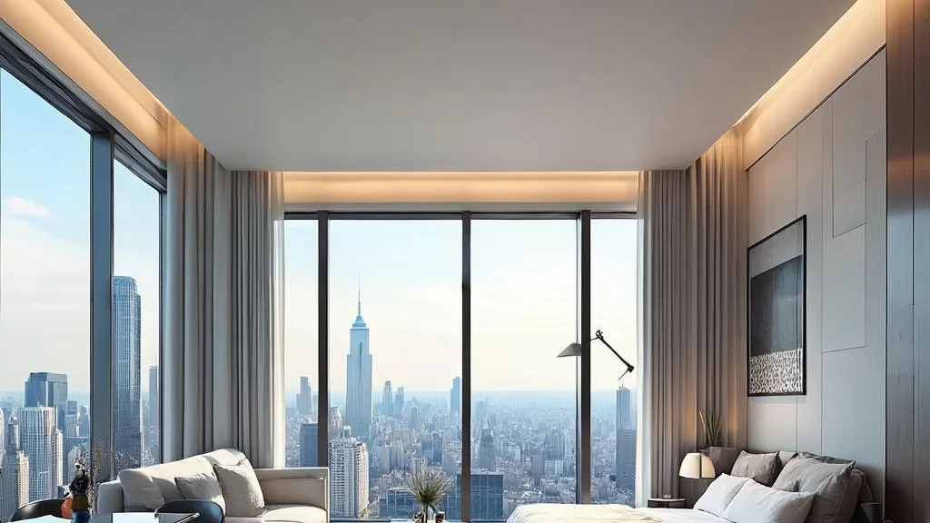 Sleek modern high-rise apartment interior with floor-to-ceiling windows over a city skyline