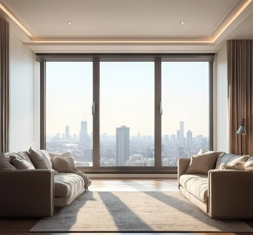 Minimalist designer apartment interior with warm neutral tones