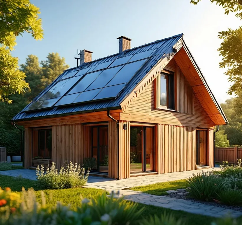 Modern eco home with solar panels and a wild garden