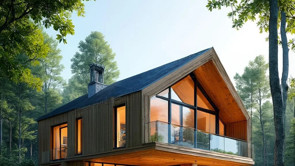 A sustainable wood-and-glass home nestled among green trees