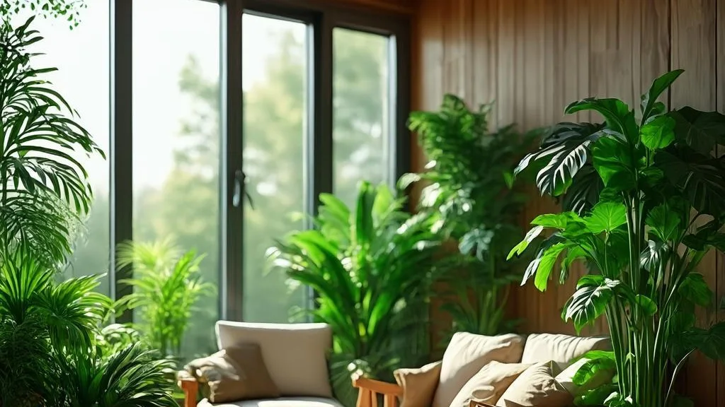 Plant-filled biophilic interior with warm natural wood